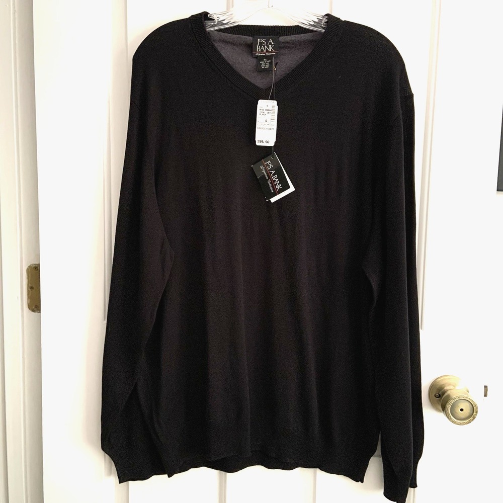 NWT Vtg JOS. A. BANK 100% SILK knit Sweater V Neck XL Black Men Pullover